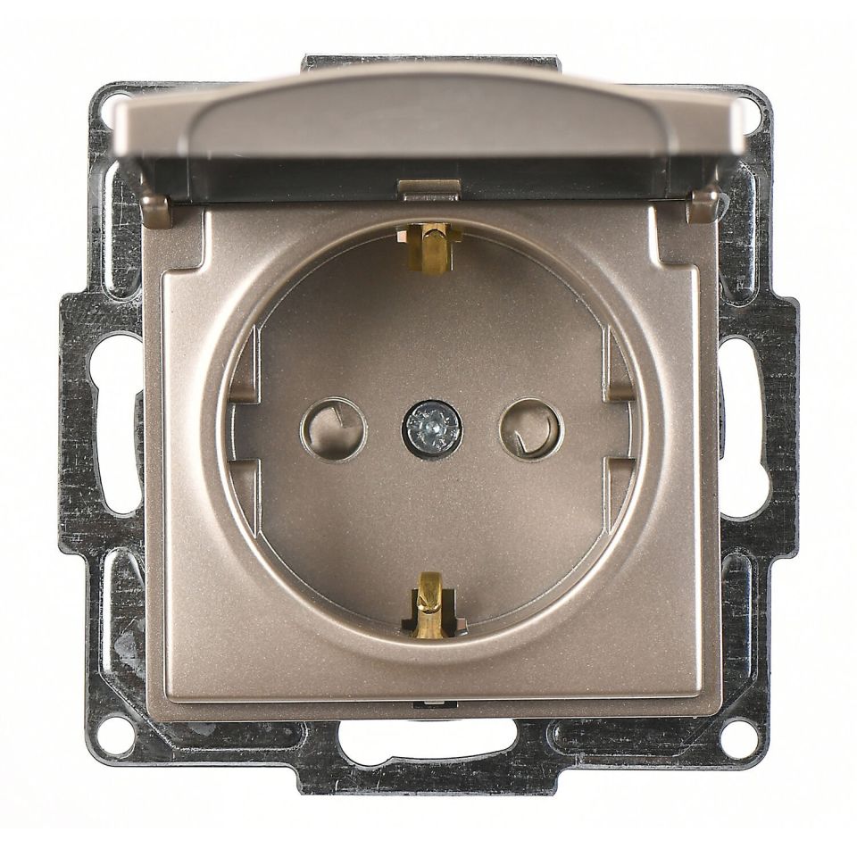 Günsan Visage Metalik Bej Çocuk Korumalı Kapaklı Topraklı Priz - 16A 250V - Vidalı