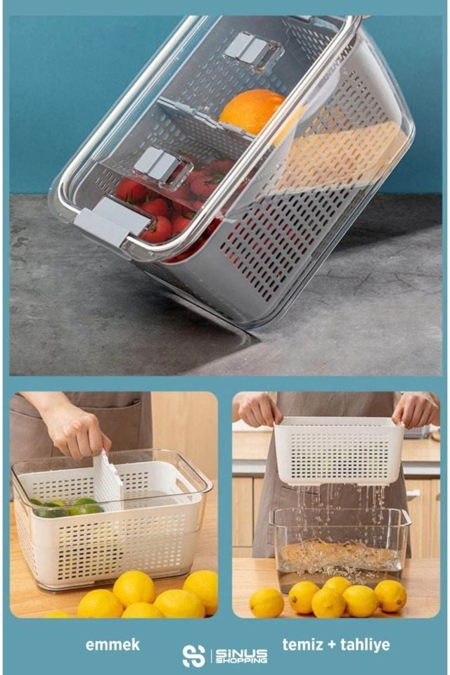 3'lü Set Içi Süzgeçli Organizer Buzdolabı Düzenleyici Ve Taze Ürün Saklama Kapları (2,5lt,5lt,9lt)