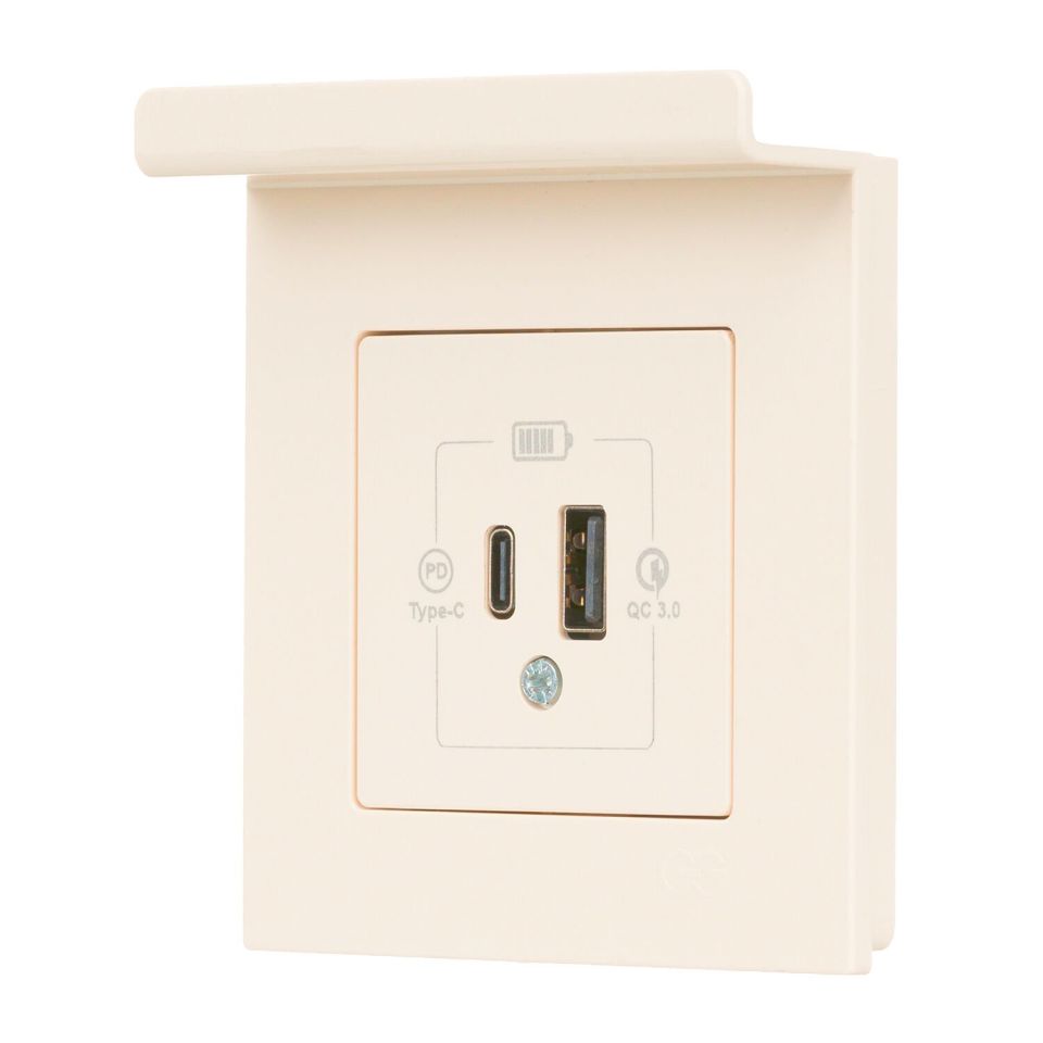 Günsan Eqona Pratik Telefon Tutucu 2 Çıkışlı USB Şarj Prizi 20W Type A + Type C Krem Sıvaaltı