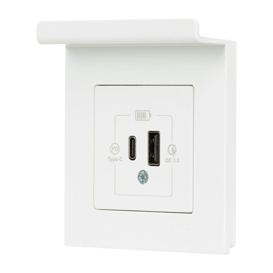 Günsan Eqona Pratik Telefon Tutucu 2 Çıkışlı USB Şarj Prizi 20W Type A + Type C Beyaz Sıvaaltı