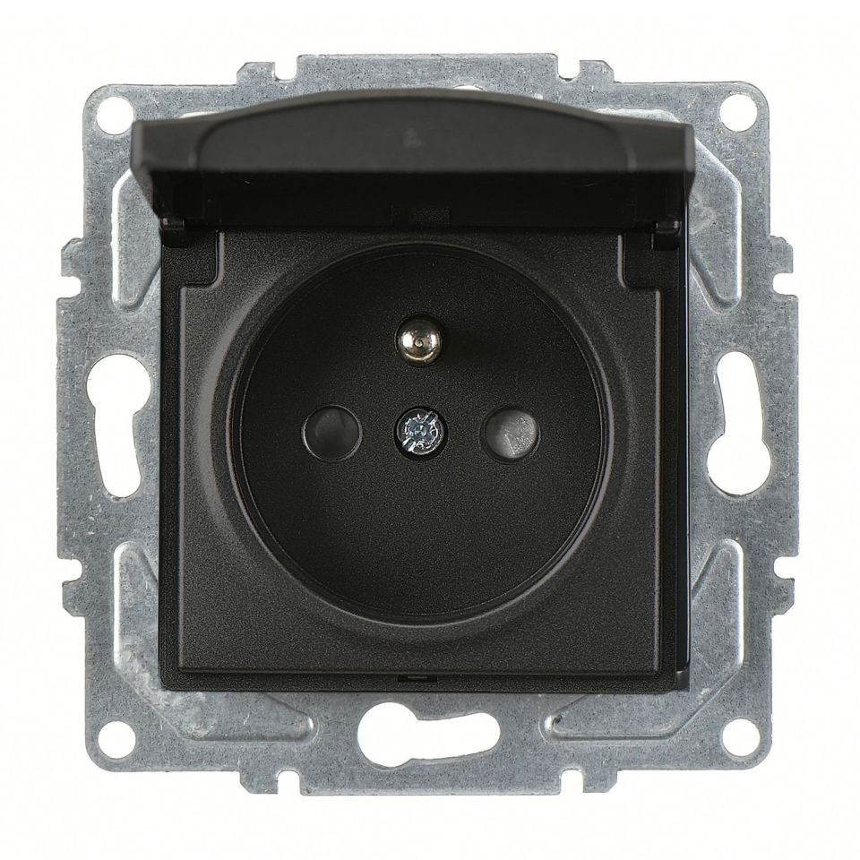 Günsan Visage Metalik Siyah Çocuk Korumalı Kapaklı UPS Priz - Vidalı