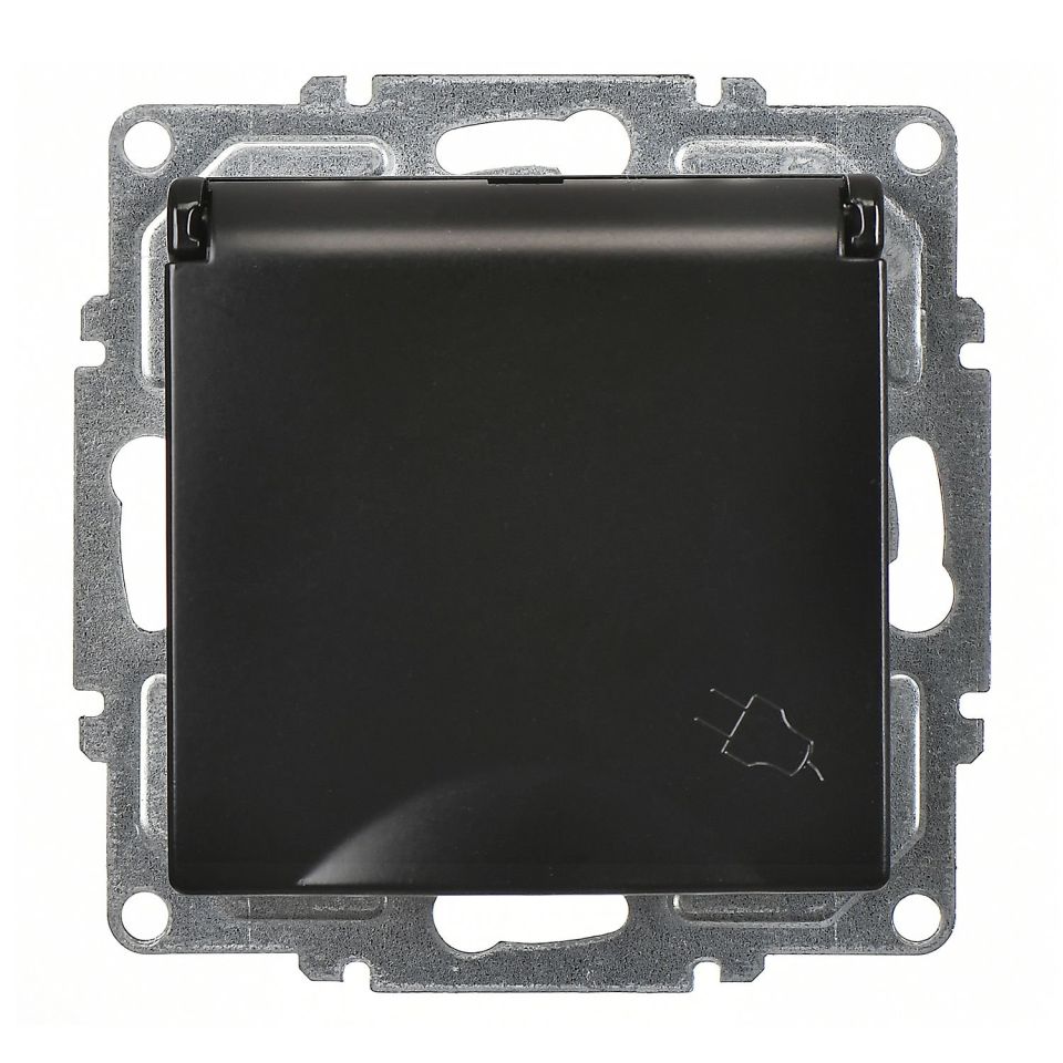 Günsan Visage Metalik Siyah Çocuk Korumalı Kapaklı Topraklı Priz - 16A 250V - Vidalı